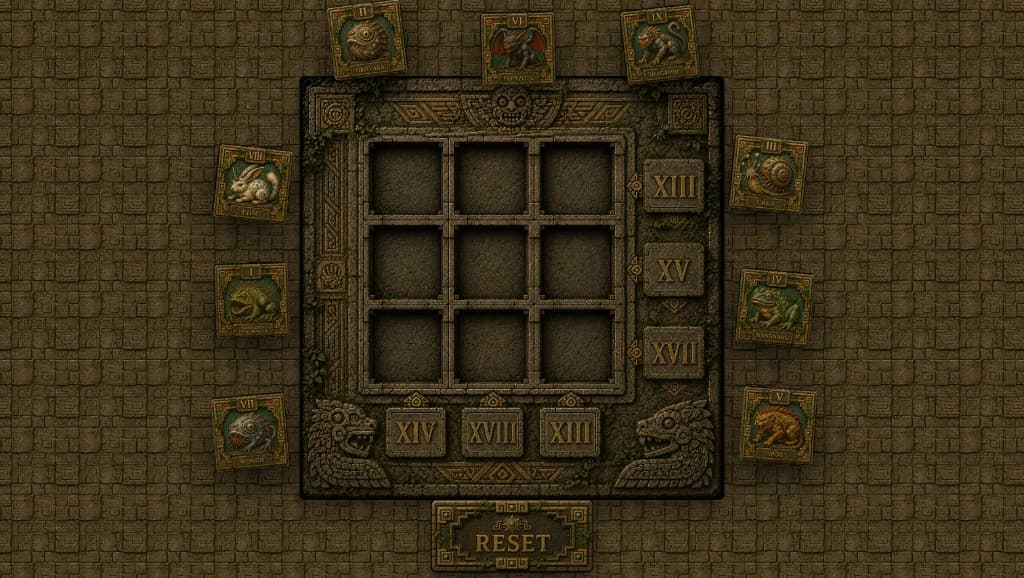 DND Puzzle temple entrance — nine deity tiles on a 3×3 stone grid with Roman numeral targets