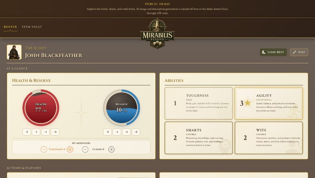 Mirabilis Beyond character sheet showing health, resolve, and ability scores